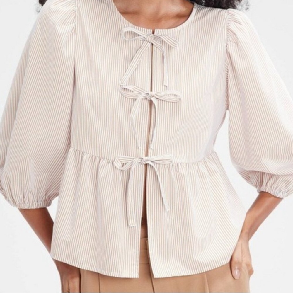 NWT a new day Front-Tie Tan and White Striped Blouse Size XL